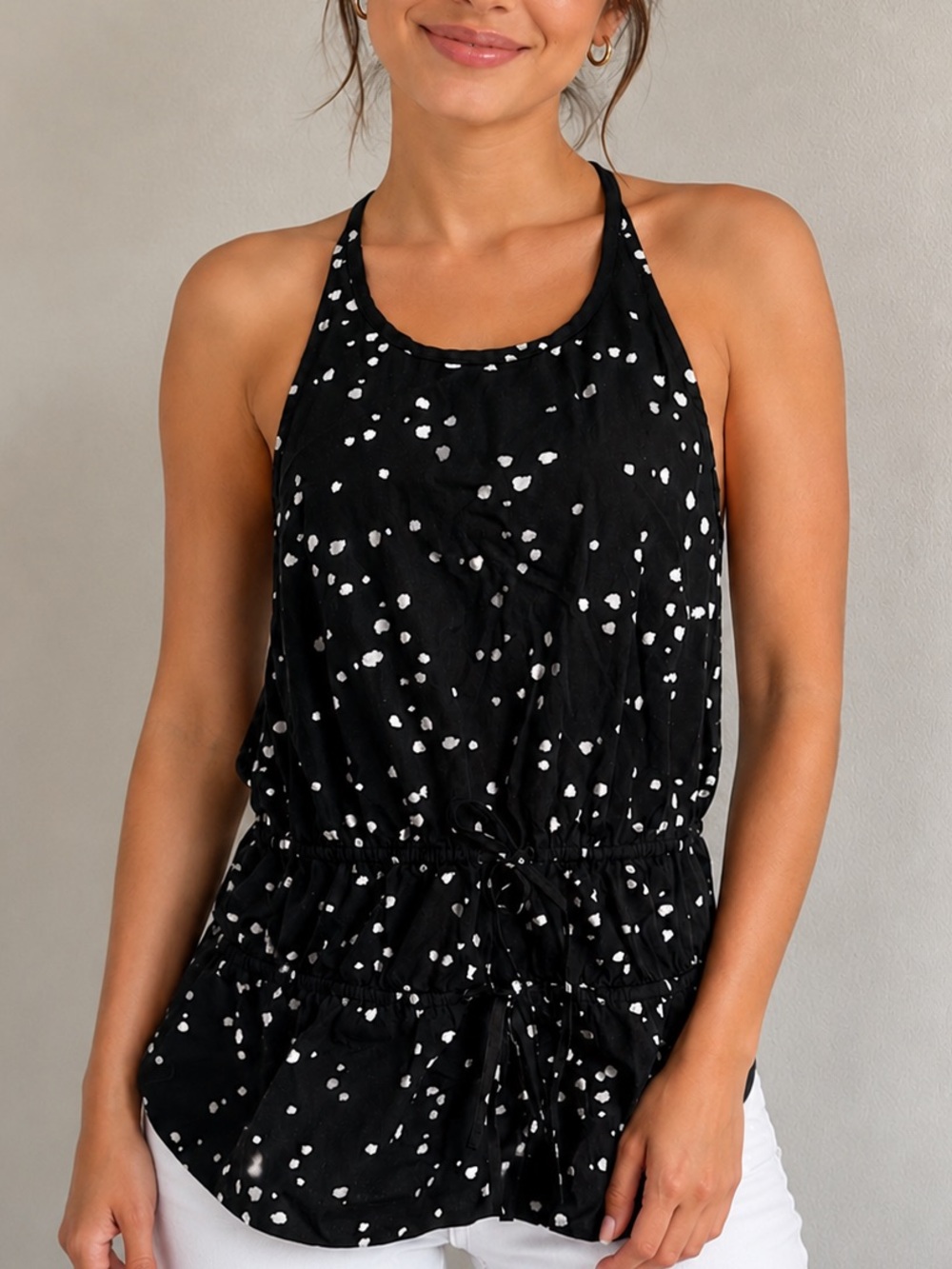 INC International Concepts Black and White Smocked Halter Tank Top